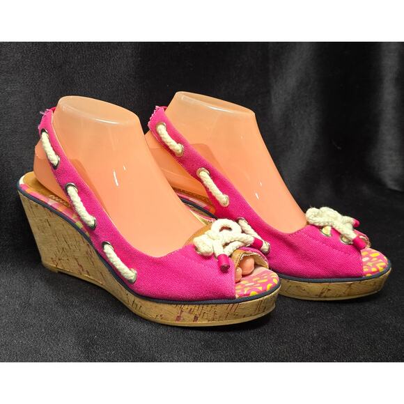 Sperry Top Sider Pink Slingback Rope Bow Wedge Heels Peep Toe Shoes Sandals - Picture 10 of 10